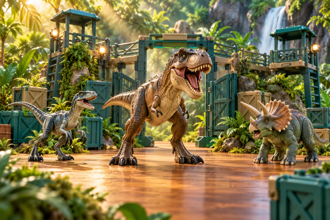 Toy dinosaurs in a jungle playset