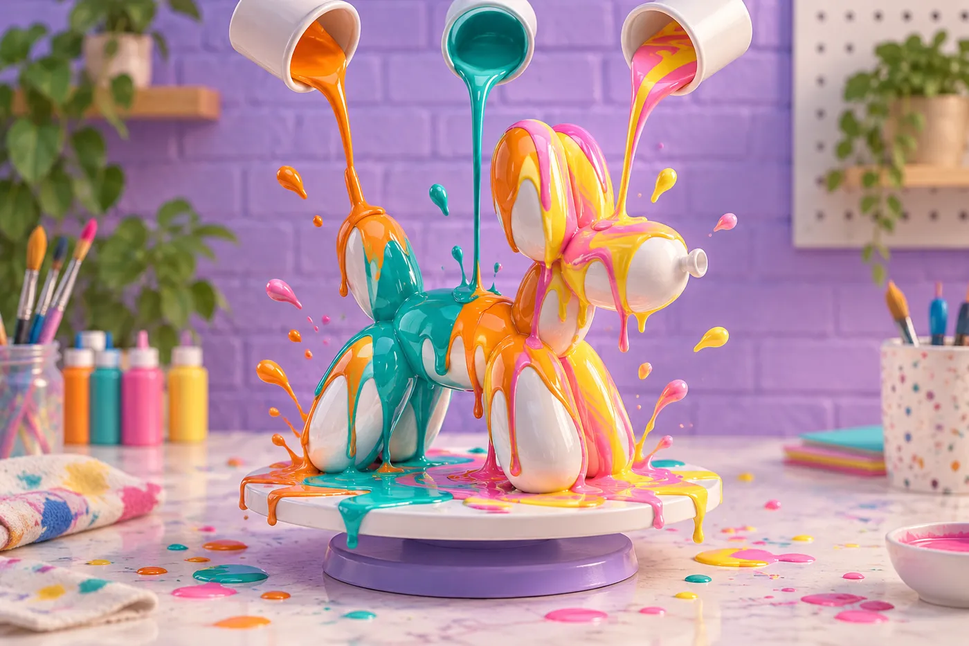 A balloon dog covered in poured paint