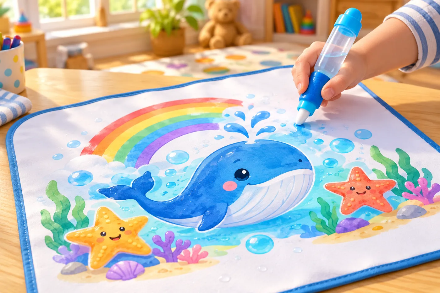 A child drawing a whale with a water marker