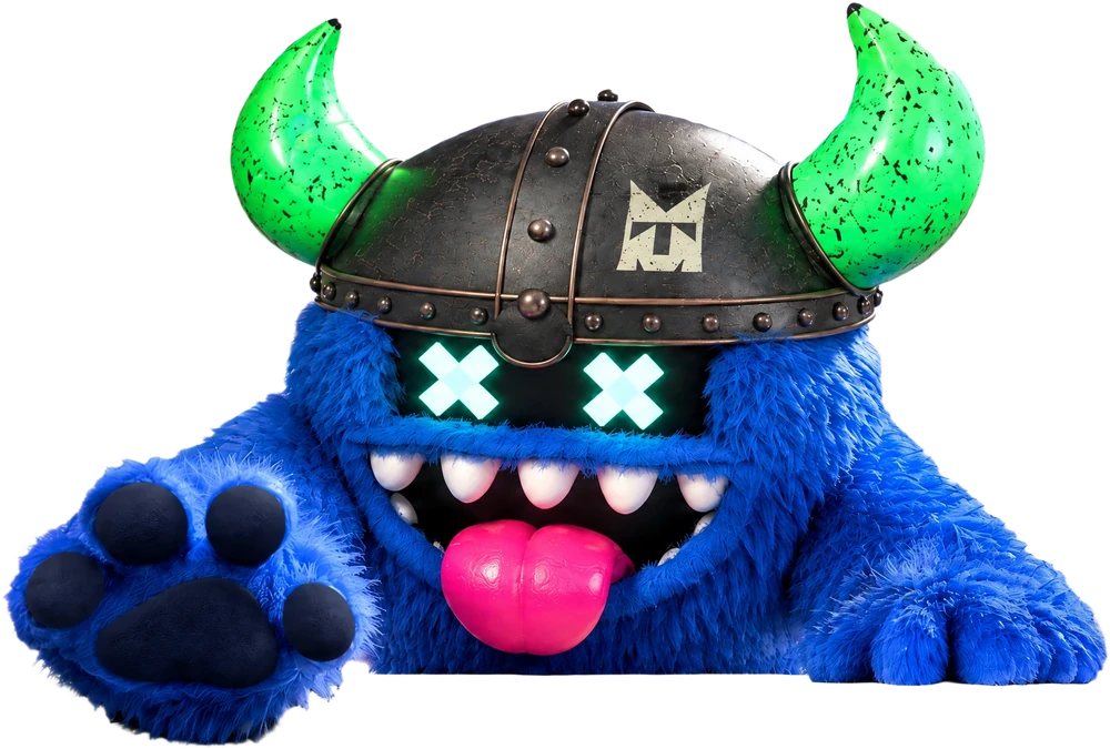 The ToyMonster, a blue Viking monster, leaning over the ledge and reaching out of the pack